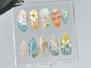 Ocean Dream Press On Nails | Aquatic Elegance Nail Art | Unique Press Ons with Pearl | summer press on nails |ocean press on nails | OB445TK