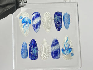 Mystical Ocean Press On Nails | Handcrafted with Jellyfish On Fake nails | Custom Press Ons | summer press on nails | OB449T