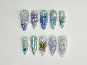 3D Tropical Beach Press On Nails | Ocean-Themed with Seaweed, Seashells, and Starfish | Handmade Press On Nails | OC328SL