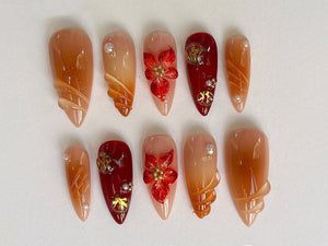 Custom Flower Fairycore Nails | Press On Nails Almond | Dreamy 3D Orchad Floral Press-Ons | Hand-painted Acrylic Spring Fake Nails | OC369A