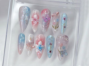 Enchanted Garden Press-On Nails | Floral and Butterfly 3D Nail Art | Handcrafted Fake Nails | Nail Charms | Press Ons | Gift for her| OB462T