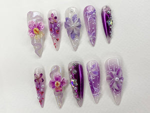Fairy Tale Flower Long Almond Press On Nails | 3D Orchad Floral Fairycore Press-Ons | Hand-painted Purple Acrylic Fall Dreamy Nails | OB394AL