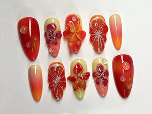 Summer Blossom Press On Nails | Tropical Sunset 3D Gel Floral Ombre Nail Art | Custom Handmade Floral Nails | Dreamy Almond Nails | OC403A