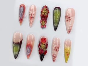 Custom Dreamy Press On Nails | 3D Jelly Orchids Nail Art | Hand-painted Acrylic Floral Press-Ons | FairyCore Flower Fake Nails | OB330AK
