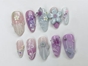 Dreamy Colorful Press On Nails | Summer Vibes with 3D Flower, Butterfly, Mermaid Designs | Cute/Adorable Blue and Pink Nail Art | OC353A