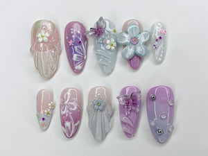 Dreamy Colorful Press On Nails | Summer Vibes with 3D Flower, Butterfly, Mermaid Designs | Cute/Adorable Blue and Pink Nail Art | OC353A