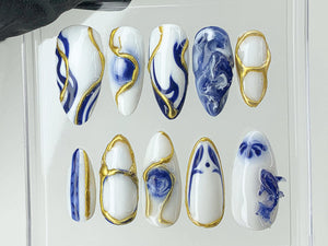 Japanese Koi Fish Porcelain Nails | White & Blue Press-On Nails | Custom Handmade Bát Tràng Ceramic Nail Art from Vietnam | OB480AV