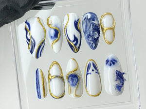Japanese Koi Fish Porcelain Nails | White & Blue Press-On Nails | Custom Handmade Bát Tràng Ceramic Nail Art from Vietnam | OB480AV