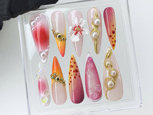 Secret Garden Long Almond Flowers Press On Nails | Custom 3D Handpainted FairyCore Acrylics Spring Press Ons | Gifts for Her | OB481AV
