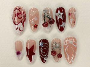Red Cherry Blossom Nails | Cute Red & White Press On Nails | Y2K Star Style Nail Set | Summer, Holiday Nail Art | Gift | OC456AV