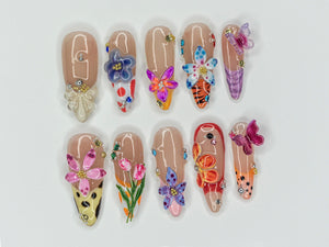 Colorful Flower Garden Press On Nails | Vibrant Bloom Fake Nails | Butterfly & Flower Nail Art | Floral Fantasy Acrylci Nails | OB426Y