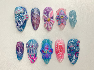 Ocean-Inspired 3D Press On Nails | 3D Jellyfish and Floral Art | Hand-Painted Underwater Press On Nails | Beautiful Ocean-Themed | OB463SL
