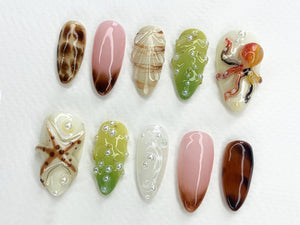 Jelly Ocean-Inspired Press On Nails Almond | 3D Beach Theme with Seashells and Mermaid Design | Handmade Press Ons for Summer Vibes | OB400A