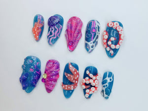 Ocean-Inspired 3D Press On Nails | 3D Jellyfish and Floral Art | Hand-Painted Underwater Press On Nails | Beautiful Ocean-Themed | OB474SL