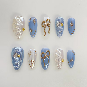 Blue Pearl Bow 3D Charm Press-On Nails - Aninail