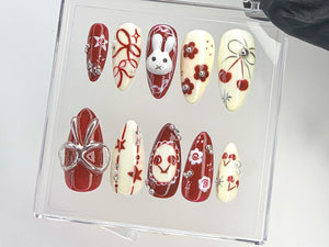 Adorable 3D Bunny Press On Nails | Hand-Painted Kawaii Bunny And Bow Acrylic Nails | Cherry Blossom Nail Art | Cute Kawaii Nails | OC537Y