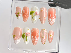Sophisticated Lotus Flower Press On Nails | 3D Pink and White Lotus Acrylic Nails | Handcrafted Lotus Blossom Nail Art | Soft Nail |OC545YL