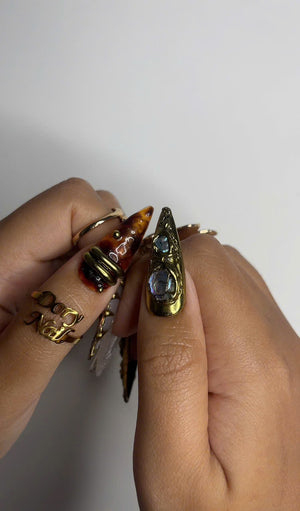Galaxy Crystal Press On Nails | 3D Gemstone Rock Fake Nails | Gold Metal Accent Nail Art | Crystal Gemstone Press Ons | Luxury Nails |OB463Y