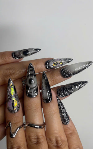 Long Black Stiletto Press On Nails | 3D Chrome Gothic Nail Set | Holographic Abstract Fake Nails OB463L