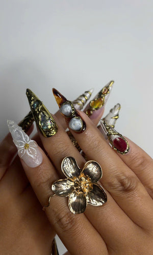 Galaxy Crystal Press On Nails | 3D Gemstone Rock Fake Nails | Gold Metal Accent Nail Art | Crystal Gemstone Press Ons | Luxury Nails |OB463Y