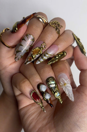 Galaxy Crystal Press On Nails | 3D Gemstone Rock Fake Nails | Gold Metal Accent Nail Art | Crystal Gemstone Press Ons | Luxury Nails |OB463Y