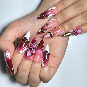 Burgundy Floral Press On Nails | 3D Flower Gold Ring Nails | Coquette Cherry Blossom Nails | Luxury Handmade Stiletto Nail Set | OB1378U
