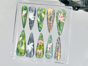 Koi Fish Nail Art by DoryNails | Japanese Pond Acrylic Nails | Water Garden Nail Art | Zen Inspired Fake Nails | Nature Aesthetic | OB808YK