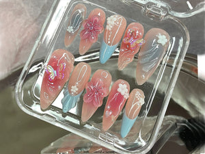 Spring Blossom Press On Nails | Stunning Floral Acrylic | Elegant Floral Nail Charm | Enchanted Garden Nail | Butterfly Whimsy Nail | OB475Y