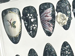 Mystical Midnight Garden Press On Nails | Crystals & Gemstones Fake nails| Dark Floral Fantasy Nail Art | Black Elegance Nails | OB638YC