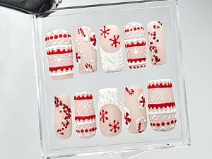 Matte Christmas Press On Nails | Handmade Winter Holiday Fake Nails | Candy Cane & Snowflake Nail Polish | Cozy Sweater Style Nails | OC669Y