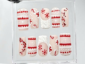 Matte Christmas Press On Nails | Handmade Winter Holiday Fake Nails | Candy Cane & Snowflake Nail Polish | Cozy Sweater Style Nails | OC669Y