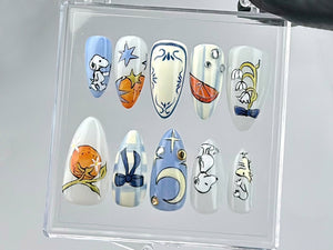 Snoopy Inspired Press On Nails | Artistic Snoopy and Moon Nail Art | Cartoon-Themed Fake Nails | Fun Cartoon Nail Polish | Cute Nails|OB676Y