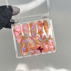 Luxury Summer Press On Nails | Whimsical Butterfly Nail Art | Vibrant Summer Fake Nails | Glossy Orange & Pink Nails | OB1002Y