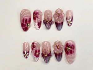 Elegant Floral Press-On Nails | Handcrafted Pink - Burgundy Gradient |3D Flowers - Rhinestone Accents| Perfect for Special Occasions|OC349SL