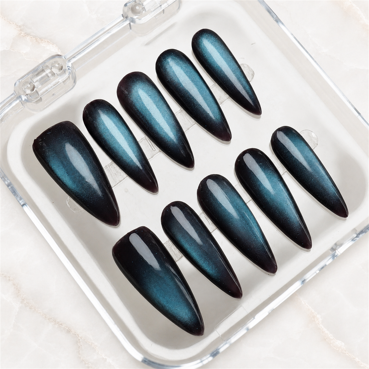 Steel Teal Cat-Eye Press-On Nails - Aninail