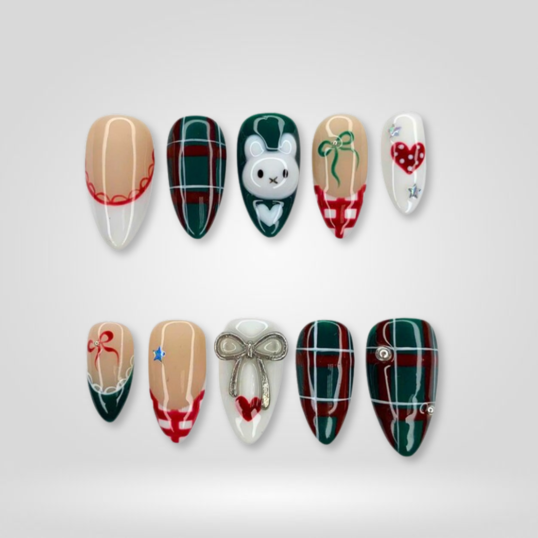 Plaid Bow Holiday Press-On Nails - Aninail