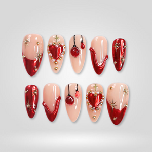 Ruby Heart Red Glitter Press-On Nails - Aninail