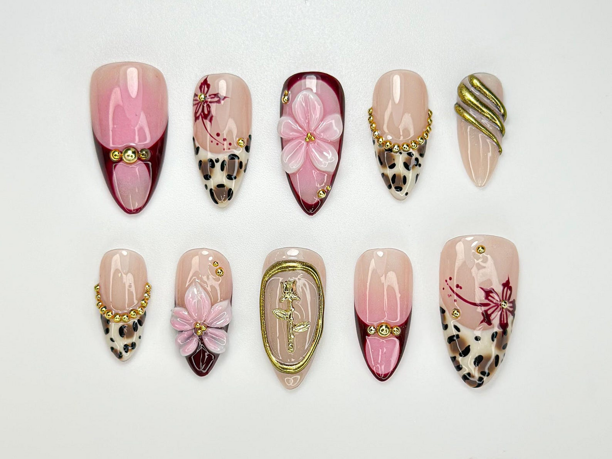 Pink Leopard Glam Press On Nails | 3D Floral & Cheetah Print Nails | Burgundy Gold Accent Nail Set | Handmade Art Press Ons | OC102HC