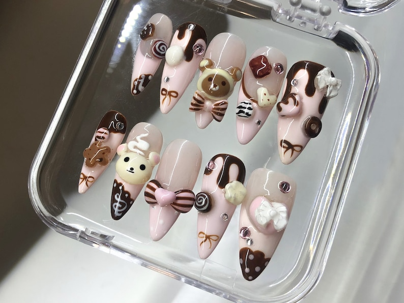 Cute Dessert Press On Nails | 3D Sweets And Bear Designs with Bow Fake Nails | 3D Chocolate, Candy Acrylic Nails | Kawaii Nails | OB549Y
