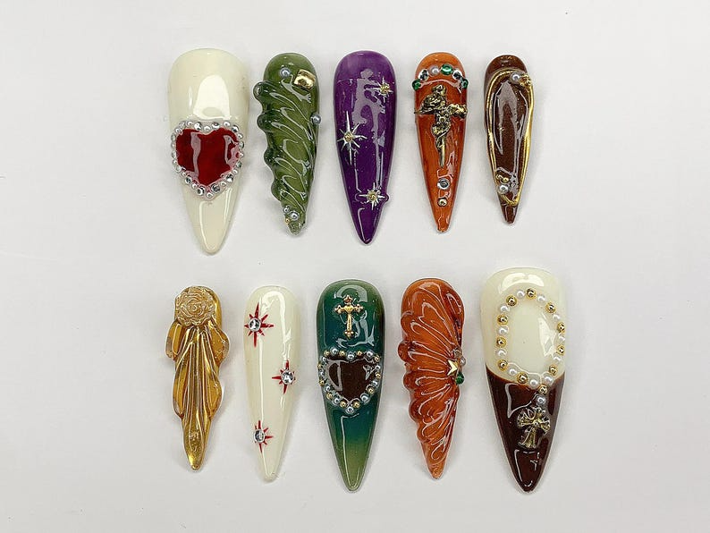 FreeStyle Colorful Nail Art | 3D Chrome Press Ons | Metallic Chrome Goth/Gothic Nail Art | Luxury Summer Vibe Nails | OC375YH