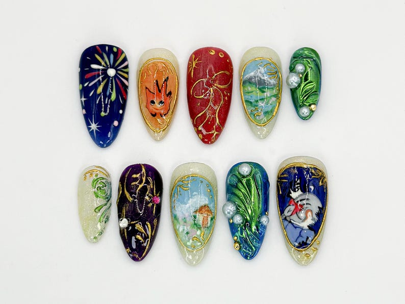 Howl's Moving Castle Press-On Nails | Studio Ghibli Inspired Nail Art | Unique Handmade Anime Nails | Custom Ghibli Nail Design | OB593LC