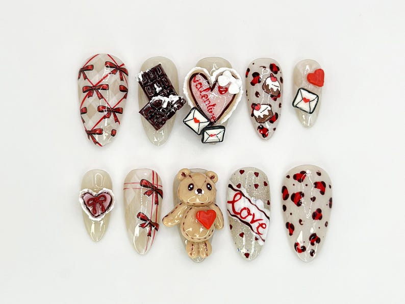 3D Teddy Valentine Press On Nails | Cute Teddy Bear and Hearts Design | Handmade 3D Nail Set | 3D Valentine Nail Art |OB632HC