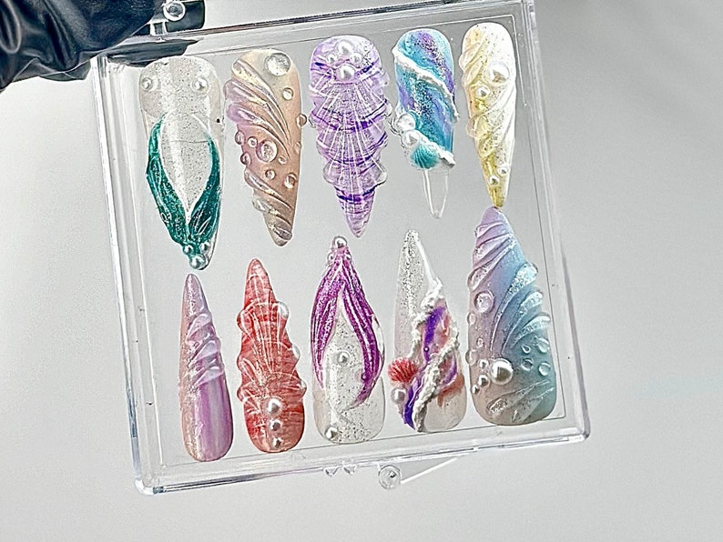 Whimsical Ocean Press On Nails | Handmade Mermaid Fake nails | Mystical Sea Creature Nail Art | Ocean Fantasy Acrylic Nails | OB640YC