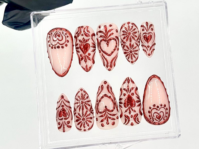 Valentine's Day Red Press On Nails | Romantic Red Heart Fake Nails | Red and Nude Valentine Almond Nails | Chic Red and Nude Nails | OC735YK