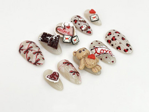 3D Teddy Valentine Press On Nails | Cute Teddy Bear and Hearts Design | Handmade 3D Nail Set | 3D Valentine Nail Art |OB632HC