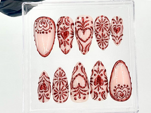 Valentine's Day Red Press On Nails | Romantic Red Heart Fake Nails | Red and Nude Valentine Almond Nails | Chic Red and Nude Nails | OC735YK