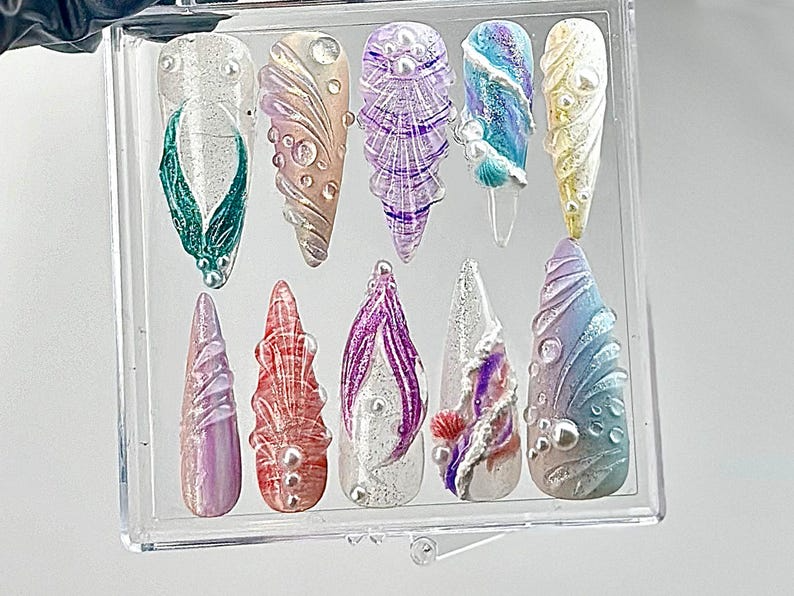 Whimsical Ocean Press On Nails | Handmade Mermaid Fake nails | Mystical Sea Creature Nail Art | Ocean Fantasy Acrylic Nails | OB640YC