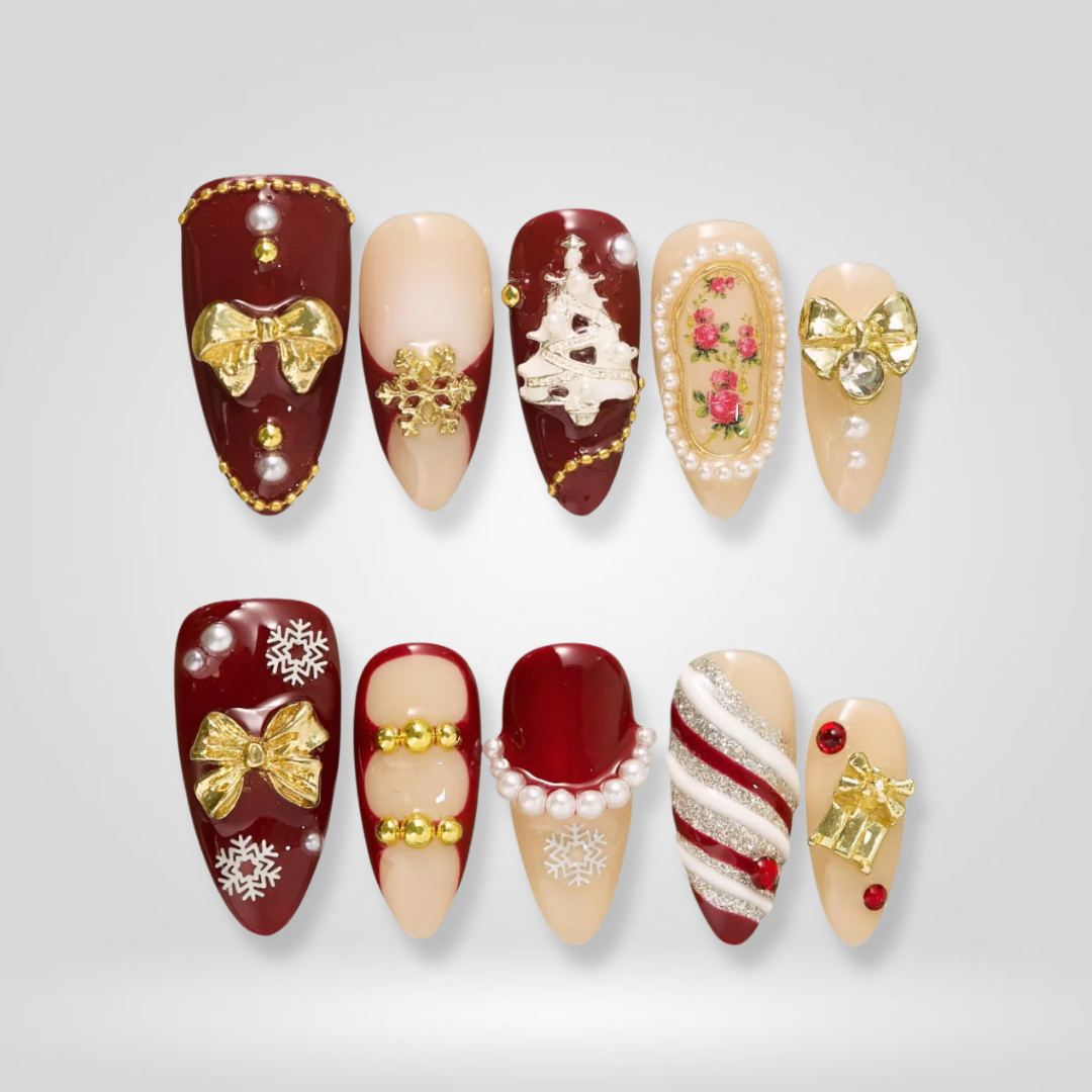 Glam Noel Red Gold Bow Press-On Nails - Aninail
