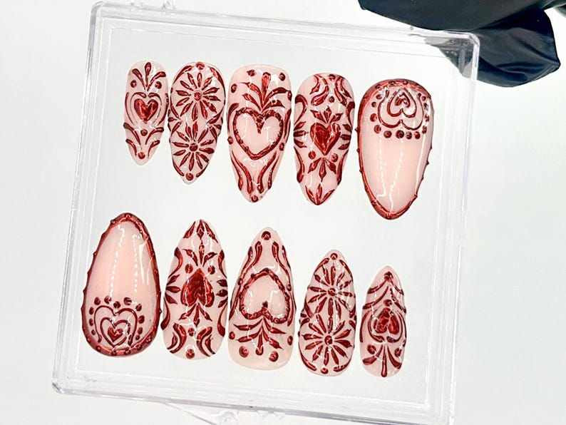 Valentine's Day Red Press On Nails | Romantic Red Heart Fake Nails | Red and Nude Valentine Almond Nails | Chic Red and Nude Nails | OC735YK