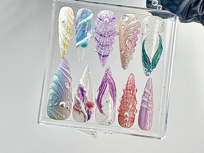 Whimsical Ocean Press On Nails | Handmade Mermaid Fake nails | Mystical Sea Creature Nail Art | Ocean Fantasy Acrylic Nails | OB640YC